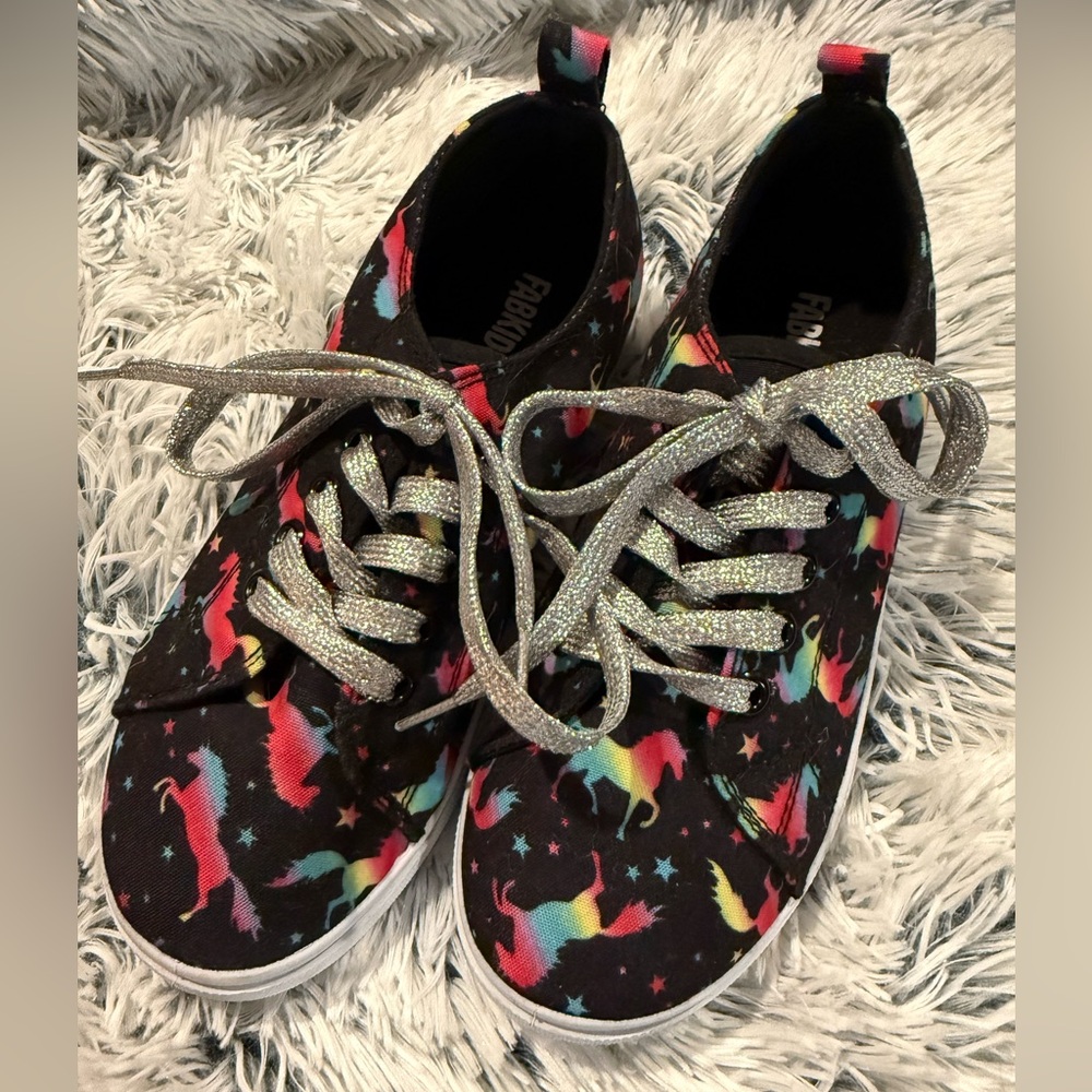 JustFab Black and Rainbow Unicorn Kids Sneakers